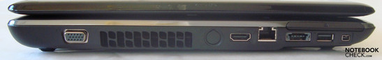 VGA, bocca i ventilazione, HDMI, LAN, slot ExpressCard, porta combo E-SATA/USB 2.0, USB 2.0, Firewire