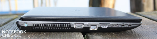 Lato sinistro: AC, VGA, Ethernet, HDMI, USB 2.0, microfono, auricolari