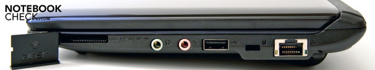 Lato destro: 1 USB, RJ-45, Kensington lock, porte audio (cuffie e microfono), cardreader multi-formato