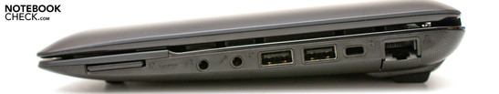 Destra: cardreader 3-in-1, audio, 2 USB 2.0, Kensington Lock, RJ-45