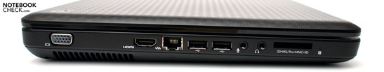 Sinistra: VGA, HDMI, RJ-45, due porte USB 2.0, audio, cardreader, LED di stato