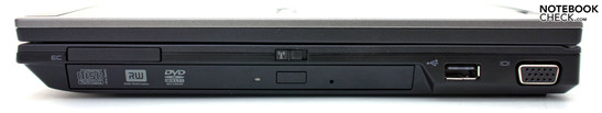 Lato destro: ExpressCard 34, unità DVD, USB 2.0, VGA