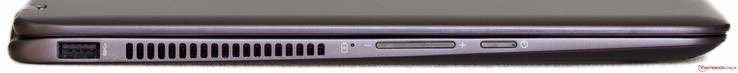 Left: USB 3.0, vent, volume control, power button