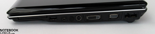 Right Side: ExpressCard, USB, Firewire, S-video, DVI-D, VGA port, modem, LAN