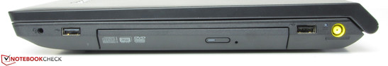 Lato destro: combinazione Audio, USB 2.0, masterizzatore DVD, USB 2.0, alimentazione.