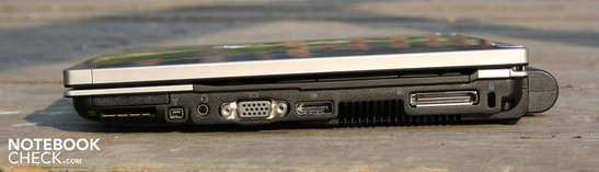 Lato Destro: ExpressCard/34, card reader, FireWire, audio/mic combi, VGA, Porta Display, porta docking, slot Kensington lock