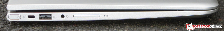 Left side: power button, slot for cable lock, USB 2.0 (Type-A), combo audio jack, volume rocker