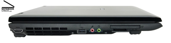 Lato sinistro: HDMI, prese d'aria,  1x USB-2.0, microfono, cuffie, ExpressCard/54, 7-in-1 card reader