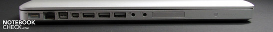 Lato sinistro: alimentazione, Ethernet, FW800, Thunderbolt/Mini DisplayPort, 3x USB 2.0, Mic, Jack cuffie, ExpressCard/34, LED carica batteria