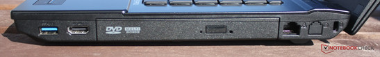 Lato destro: 1xUSB 3.0, HDMI, masterizzatore DVD, LAN, Kensington Lock