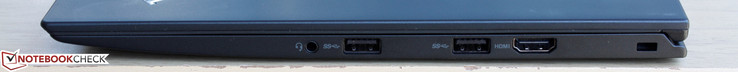 Right: 3.5 mm audio, 2x USB 3.0, HDMI 1.4, Kensington Lock