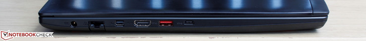 Left: Power adapter, Gigabit Ethernet, Mini DisplayPort, HDMI, 1x USB 3.0, 1x USB 3.1 Type-C gen. 2