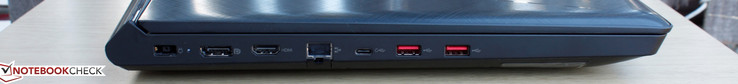 Lato Sinistro: alimentatore AC, DisplayPort ???, HDMI 2.0, Gigabit Ethernet, USB Type-C w/ Thunderbolt 3, 2x USB 3.0