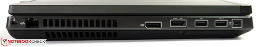 Lato Sinistro: Kensington lock, Gigabit LAN, DisplayPort, USB 2.0/eSata, 2x USB 2.0, FireWire 400