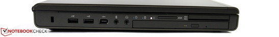 Lato Sinistro: Kensington lock, 2x USB 2.0, FireWire 400, jacks audio, card reader, masterizzatore Blu-Ray, Smart Card reader, ExpressCard 54/34