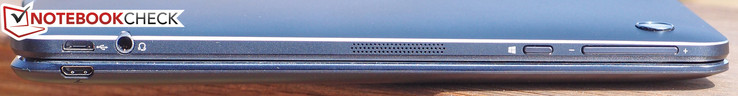 Left: Micro-USB 2.0 charging port, 3.5 mm combo audio, Windows button, volume rocker, Micro-USB charging port for base (below)