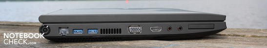 Lato Sinistro: AC, 2 x USB 3.0, VGA, HDMI, Microfono, Jack cuffie, ExpressCard34