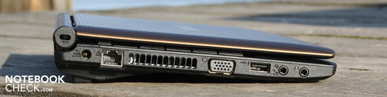 Lato Sinistro: Kensington-Lock, Strom, Ethernet, VGA, USB 2.0, microfono, cuffie