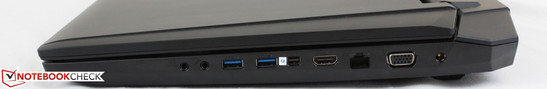 Lato destro: cuffie 3.5mm, microfono 3.5mm, 2x USB 3.0, Thunderbolt, HDMI-out, Gigabit LAN, VGA, alimentazione