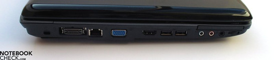 Lato sinistro: Kensington Lock, porta Docking, LAN, VGA, HDMI, 2x USB, porte audio, ExpressCard