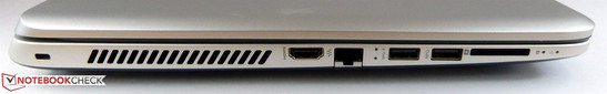 HDMI, Gigabit LAN, 2x USB ed SD reader accano alla ventola ed al Kensington lock sono tutti sulla sinistra.