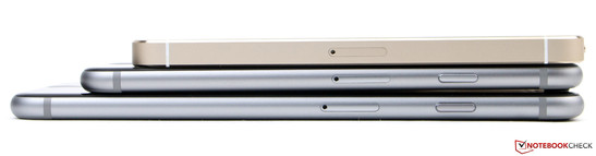 Dall'alto: iPhone 5s, iPhone 6 e iPhone 6 Plus