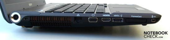 Lato Sinistro: alimentazione, Kensington security lock, RJ-45 (LAN), VGA, HDMI, eSATA/USB-2.0, ExpressCard/34, FireWire