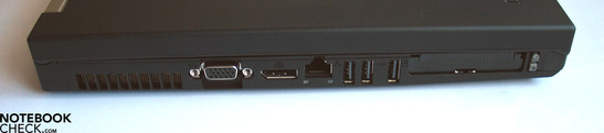 Lato sinistro: VGA-Out, porta display, LAN, 3x USB 2.0, PCCard/ExpressCard