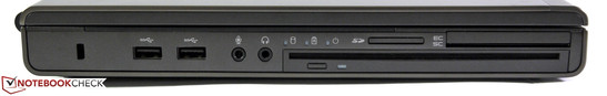 Lato Sinistro: Kensington, 2x USB 3.0, audio, slot-in drive ottico, card reader, lettore SmartCard, ExpressCard 54/34