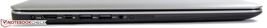 Sinistra: Alimentazione, HDMI, Mini DisplayPort, 2x USB 3.0, Line In/Out, indicatore di carica della batteria