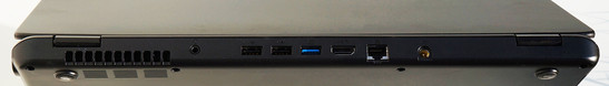 Porta cuffie, 2x USB 2.0, USB 3.0, HDMI, Gigabit Ethernet, alimentazione sul retro. Kensington Lock a destra, card reader a sinistra. Insolito il pulsante di accensione sul lato frontale.