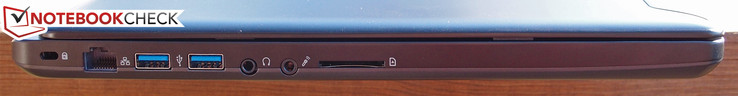 Left: Kensington Lock, Gigabit Ethernet, USB 3.0 x 2, Headphones, Microphone, SD Card