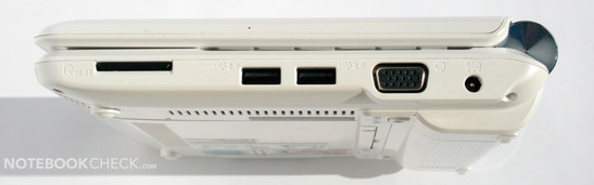 Right side: MMC/SD reader, 2x USB 2.0, VGA, power socket
