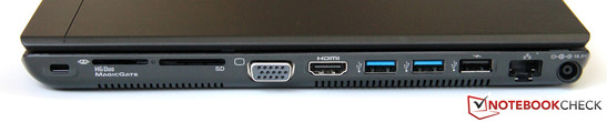 Lato Destro: Kensington lock, dual card reader, VGA, HDMI, 2x USB 3.0, USB 2.0, GBit LAN, AC-in