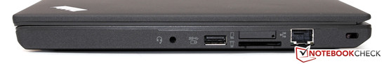 Lato destro: cuffie, USB 3.0, card reader, slot SIM, Gbit-LAN, Kensington lock