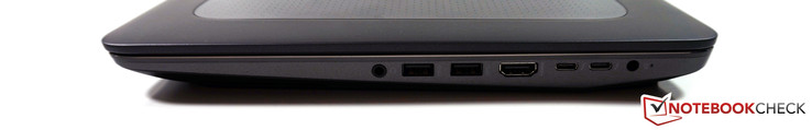 Destra: SmartCard reader, 3.5 mm audio, 2x USB 3.0, HDMI, 2x Thunderbolt 3, alimentazione