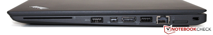 Destra: lettore di SmartCard, USB 3.0, Mini-DisplayPort, HDMI, USB 3.0, Gbit-LAN, slot per carta SIM, Kensington