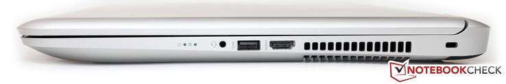 Right side: headset port, USB 3.0, HDMI, fan exhaust, Kensington lock