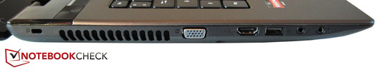 Sinistra: Kensington lock, VGA, HDMI, USB 2.0, microfono, cuffie