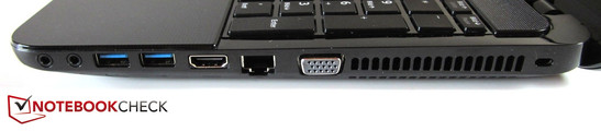 Lato destro: cuffie, microfono, 2x USB 3.0, HDMI, RJ-45 Gigabit LAN, VGA, Kensington Lock