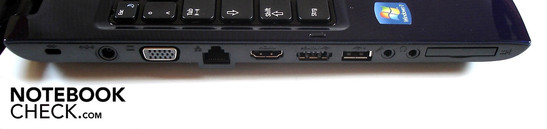 Lato sinistro: Kensington Lock, DC-in, VGA, LAN, HDMI, eSATA/USB 2.0, USB 2.0, 2 audio sockets, 34mm ExpressCard