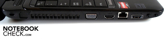 Sinistra: Kensington Lock, VGA, HDMI, RJ-45 Fast Ethernet LAN, eSATA/USB 2.0 combo, microfono, cuffie
