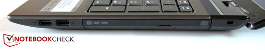 Right: 2x USB 2.0, optical drive, Kensington Lock