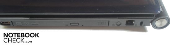 Destra: USB 2.0, masterizzatore DVD, RJ-11 modem, Kensington Lock
