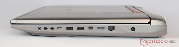 Right side: headphones, microphone, Line-in, USB 3.1 Type-C Gen. 2 + Thunderbolt 3, 2x USB 3.0, Mini-DisplayPort, HDMI, RJ45 Ethernet, AC power