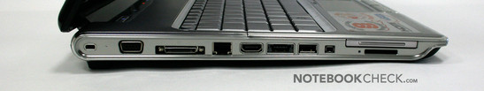 Left Side: Express Card 45, Cardreader (SD, MS (Pro), MMC, xD), FireWire 400, USB, eSata (with integrated USB), HDMI, Gigabit LAN, Dockingstation, VGA