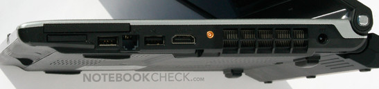 Lato deestro: ExpressCard 54mm, Cardreader (SD/SDHC/MMC/MS (Pro)), USB, Modem, USB, HDMI, Unused DVB-T antenna connection, alimentazione