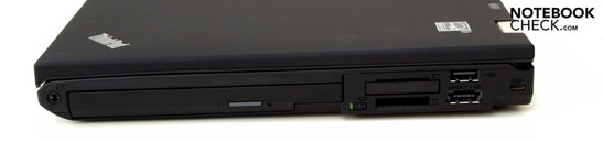 Lato Destro: socket Audio combo, drive ottico, ExpressCard34, cardreader 4in1, USB 2.0, porta combo USB/eSATA, slot Kensington Security