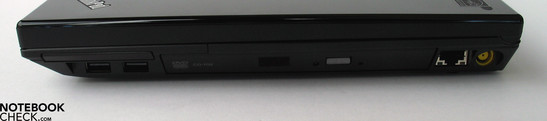 Lato destro: 2x USB 2.0, ExpressCard, DVD drive, LAN, network input