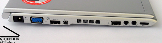 Lato sinistro: connessioni di rete, porta VGA, USB, Firewire, ventola, USB, Audio